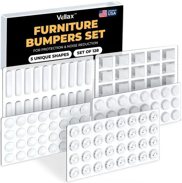 Main image of 128 Clear Cabinet Bumper Pads Self-Adhesive Silicone Set with 5 Unique Shapes for Doors, Drawers & Furniture Premium Sound Dampening Pads for Surface Protection
