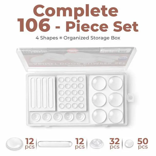 Alt view image 2 of 7 - Clear Cabinet Door Bumpers, 106 Pack, 4 Shapes, Self-Adhesive Silicone Pads, Sound-Dampening Protectors for Cabinets, Drawers, Furniture, Walls, and Door Handles