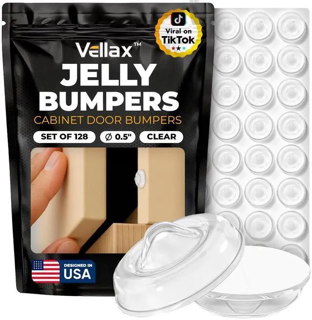 Main image of 128 Clear Silicone Bumper Pads Self-Adhesive Sound Dampening Stops with Jelly Button Shape Design for Cabinet Doors, Drawers, Cupboards, Glass Surfaces, Picture Frames