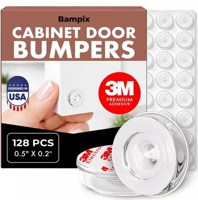 Main image of Jelly Button Clear Cabinet Door Bumpers, 128 Pack, 0.5 Inch Self-Adhesive Rubber Pads, Sound-Dampening Stoppers for Cabinets, Drawers, Furniture & Walls