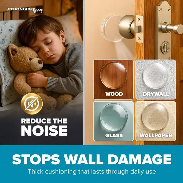 Alt view image 5 of 7 - Door Stoppers (Medium) 2" - Door Stop for Wall with Strong Back Adhesive - Quiet and Shock Absorbent Silicone Wall Protectors from Door Knobs - Protects Every Surface - (Clear | 6 PCS)