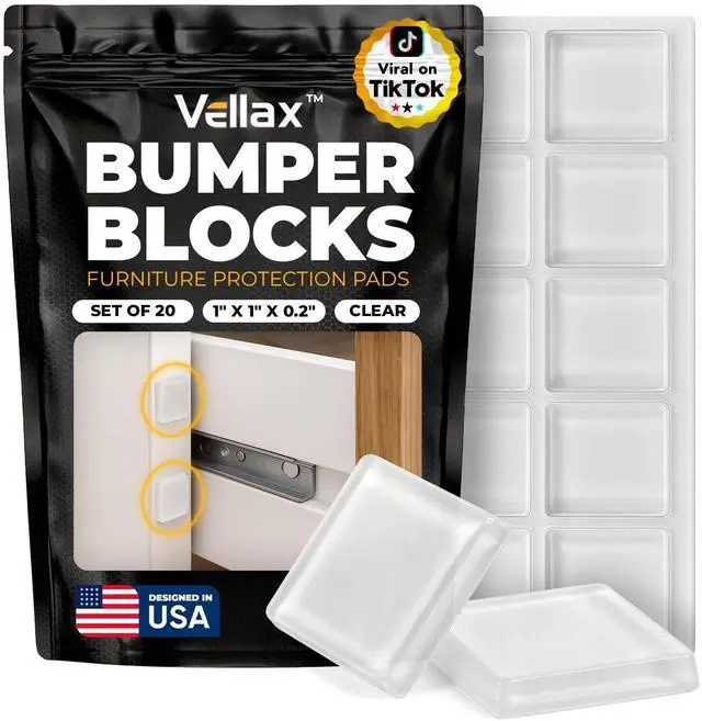 Main image of 20 Clear Silicone Bumper Blocks 1" x 1" Anti-Slip Pads for Cabinets, Glass Table Tops, and Chairs Wall Protector & Soft-Close Noise Dampening Pads by