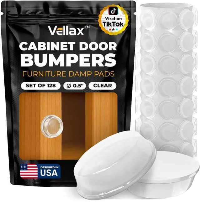 Main image of 128 Clear Cabinet Door Bumpers - 1/2 Inch Self Adhesive Rubber Stoppers for Drawers, Damp Pads Cupboards, Cutting Boards, Glass Tops, Picture Frames