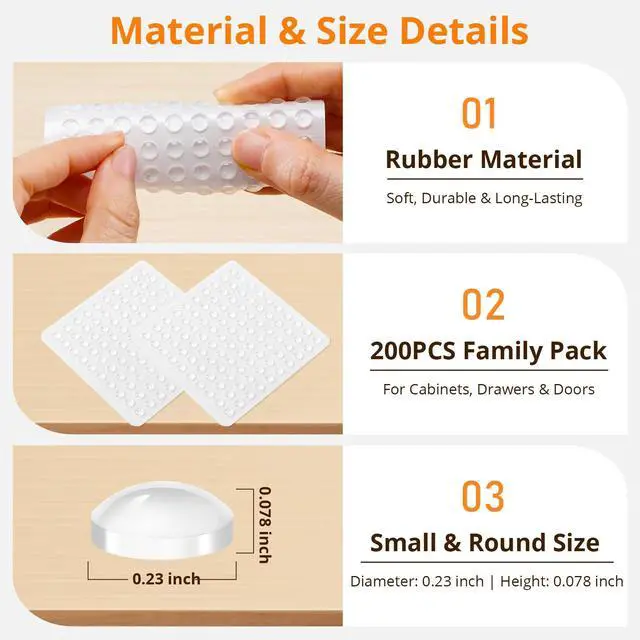 Alt view image 3 of 6 - 200 PCS Clear Cabinet Door Bumpers 1/4 Inch (6mm x 2mm) Silicone Door Stoppers for Cabinets and Drawers