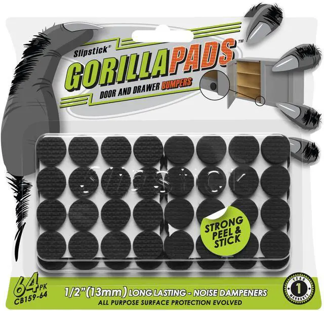 Main image of GorillaBumperPads Premium 1/2 Rounds Adhesive Non Slip Pads/Bumpers (64 Gripper Dots) Perfect Grips for Small Items/Décor, Cabinet Stoppers, Drawer/Door Bumpers, Glass/Picture Frame Pads