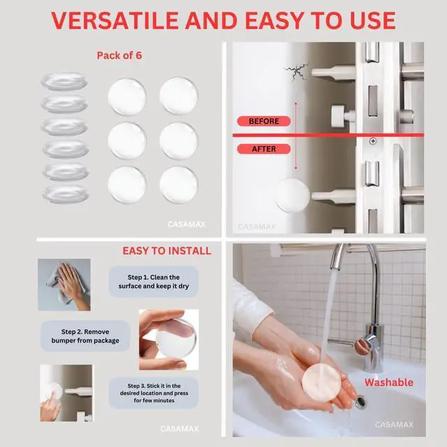 Alt view image 7 of 7 - Silicone Wall Protectors & Door Stoppers: 6-Pack Clear, Self-Adhesive Bumpers for Doors, Fridges & Walls | Prevent Damage, Reduce Noise, Easy Install