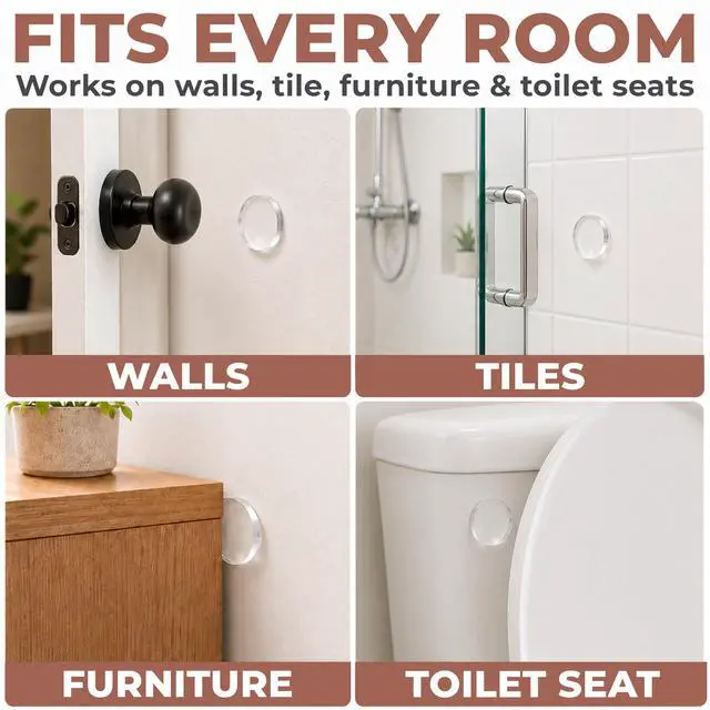 Alt view image 6 of 7 - Door Knob Wall Protectors, 2" Flat Disc Clear Silicone Pads (4-Pack) Self-Adhesive Wall Bumpers that Stay Flush for Doors, Cabinets & Furniture