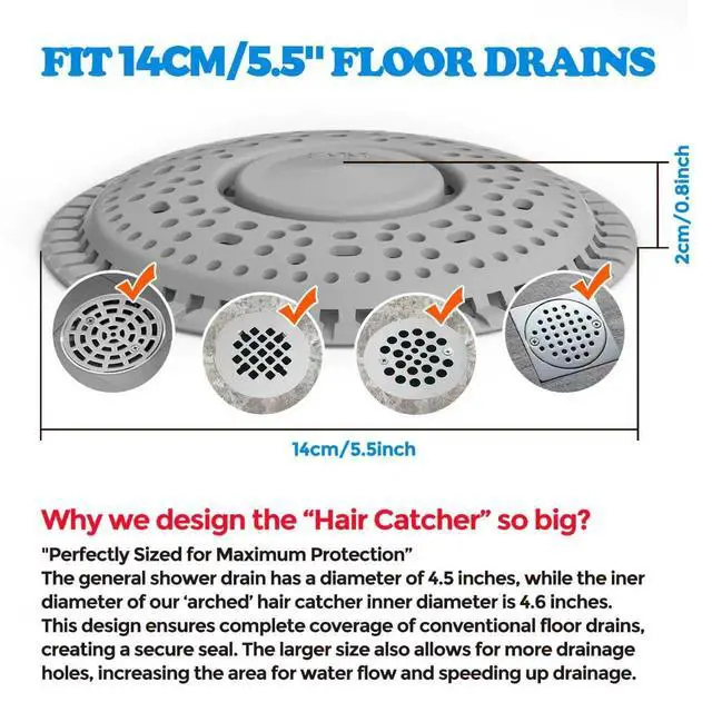 Alt view image 4 of 7 - Shower Drain Hair Catcher, 2 Pack Premium Silicone Drain Protector & Shower Drain Cover, Shower Installation Kits for Flat Drains of Shower Room, Bathroom, Gray