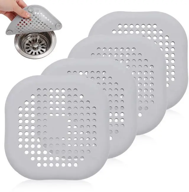 Main image of Pack Grey Silicone Shower Drain Hair Catchers, Square Drain Covers with Suction Cups, Easy-Clean Hair Stopper for Bathroom, Bathtub, Laundry, and Kitchen Sink