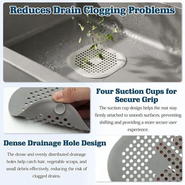 Alt view image 3 of 7 - Pack Grey Silicone Shower Drain Hair Catchers, Square Drain Covers with Suction Cups, Easy-Clean Hair Stopper for Bathroom, Bathtub, Laundry, and Kitchen Sink