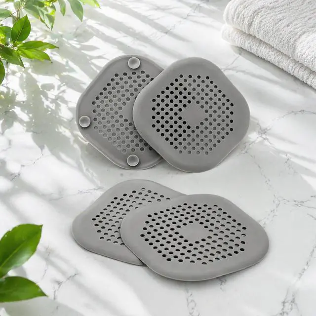 Alt view image 7 of 7 - Pack Grey Silicone Shower Drain Hair Catchers, Square Drain Covers with Suction Cups, Easy-Clean Hair Stopper for Bathroom, Bathtub, Laundry, and Kitchen Sink