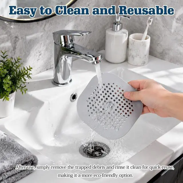 Alt view image 4 of 7 - Pack Grey Silicone Shower Drain Hair Catchers, Square Drain Covers with Suction Cups, Easy-Clean Hair Stopper for Bathroom, Bathtub, Laundry, and Kitchen Sink
