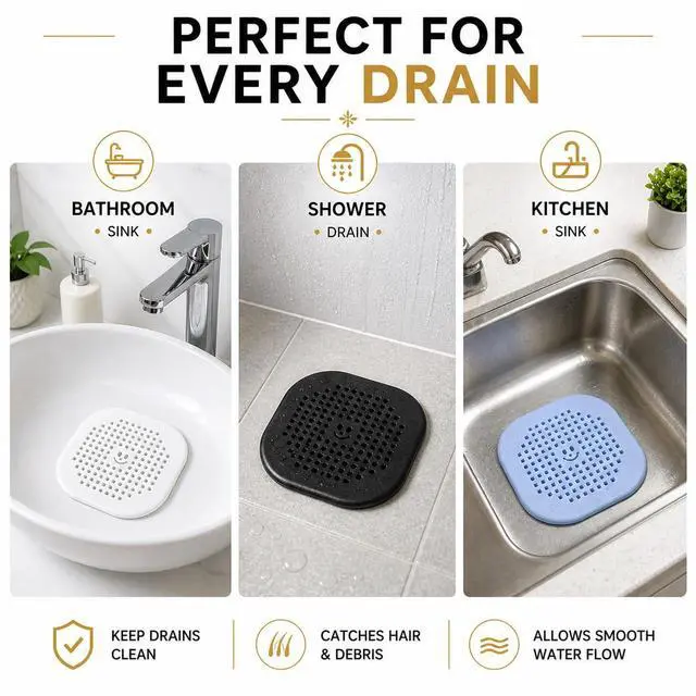 Alt view image 5 of 7 - 3-Pack Silicone Drain Hair Catcher, Shower Drain Protector and Hair Stopper with Suction Cups, Universal Fit for Bathroom, Bathtub, and Kitchen (Mutli-Color)