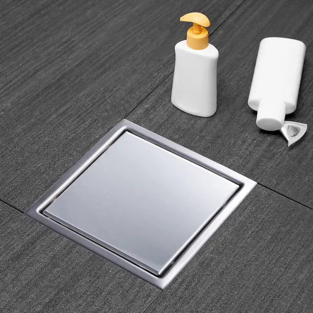 Alt view image 2 of 7 - Square Shower Drain, Silver Shower Drain 6 inch with Flange and 2 in 1 Tile-Insert Cover, AISI 304 Stainless Steel Shower Floor Drain with Hair Catcher and Flange