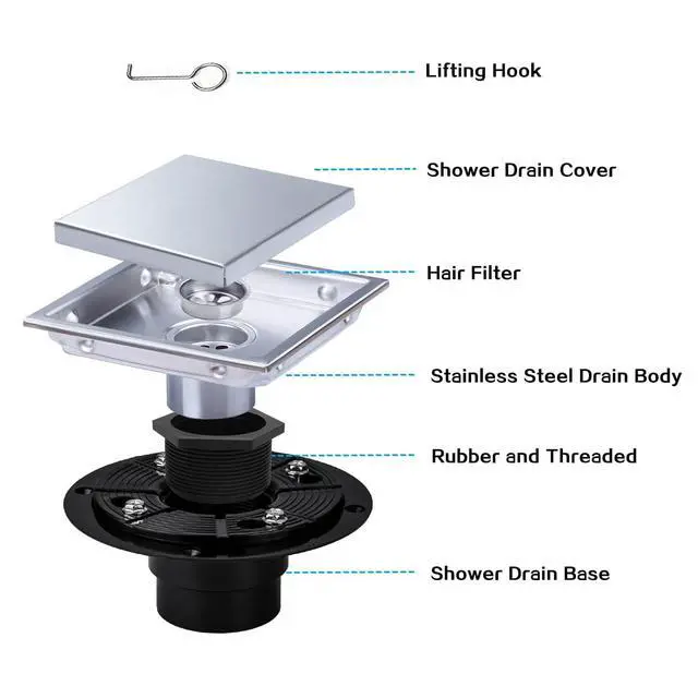 Alt view image 6 of 7 - Square Shower Drain, Silver Shower Drain 6 inch with Flange and 2 in 1 Tile-Insert Cover, AISI 304 Stainless Steel Shower Floor Drain with Hair Catcher and Flange