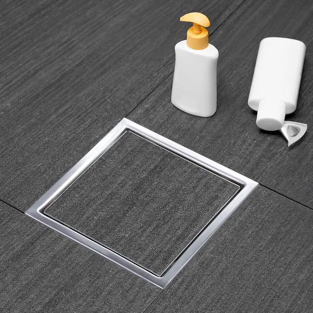 Alt view image 3 of 7 - Square Shower Drain, Silver Shower Drain 6 inch with Flange and 2 in 1 Tile-Insert Cover, AISI 304 Stainless Steel Shower Floor Drain with Hair Catcher and Flange