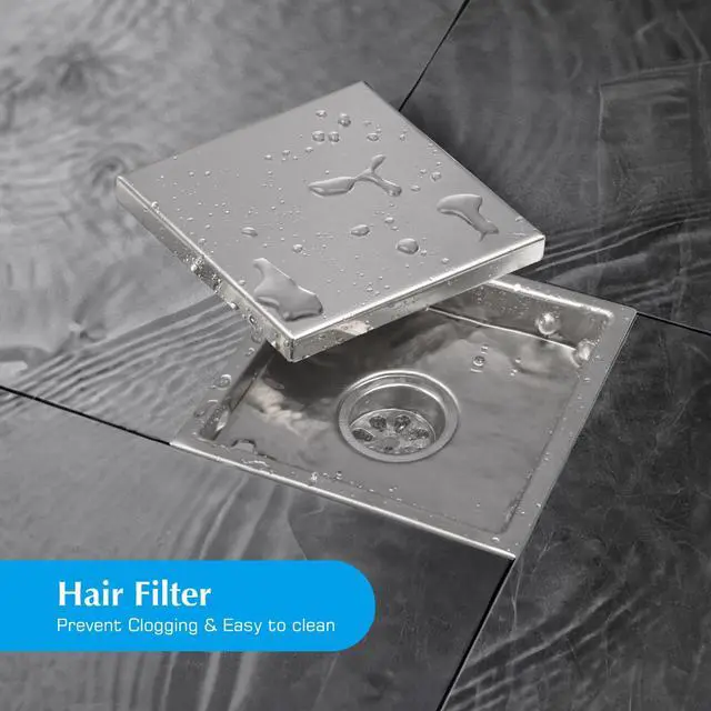 Alt view image 4 of 7 - Square Shower Drain, Silver Shower Drain 6 inch with Flange and 2 in 1 Tile-Insert Cover, AISI 304 Stainless Steel Shower Floor Drain with Hair Catcher and Flange