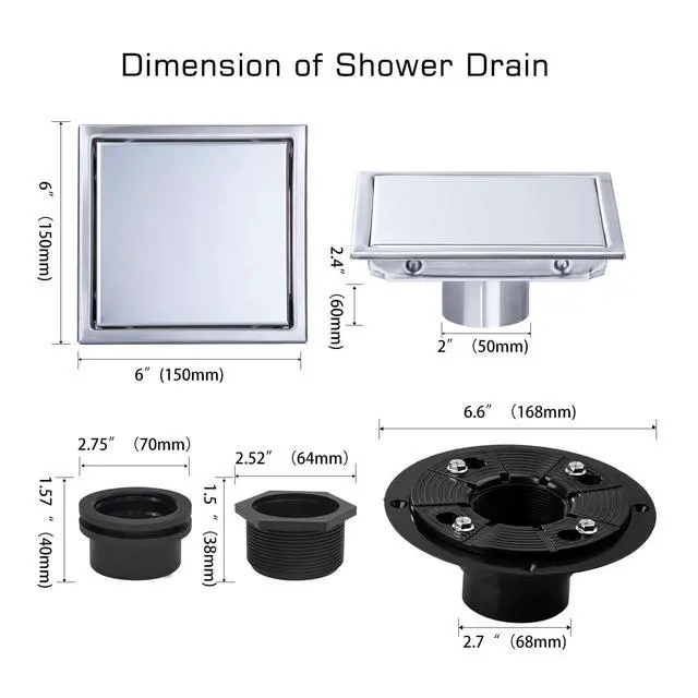 Alt view image 5 of 7 - Square Shower Drain, Silver Shower Drain 6 inch with Flange and 2 in 1 Tile-Insert Cover, AISI 304 Stainless Steel Shower Floor Drain with Hair Catcher and Flange