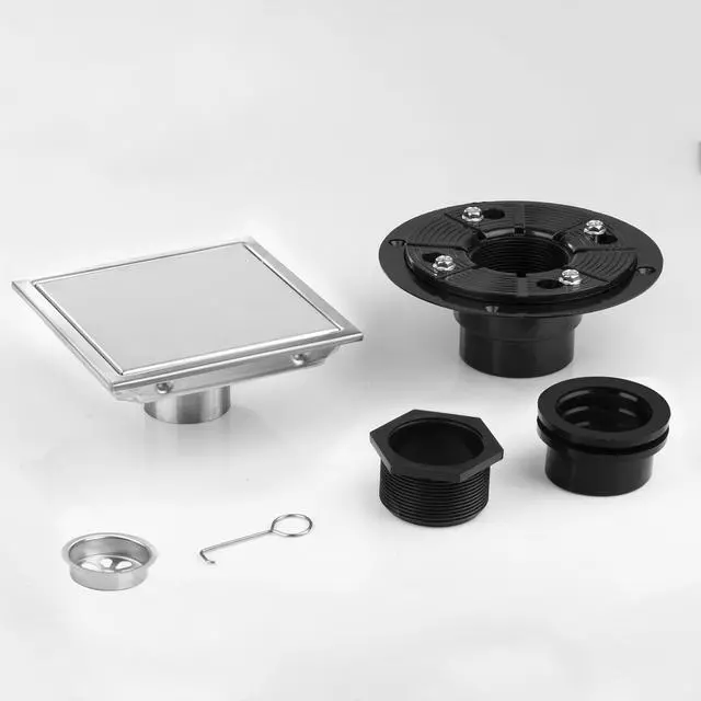 Alt view image 7 of 7 - Square Shower Drain, Silver Shower Drain 6 inch with Flange and 2 in 1 Tile-Insert Cover, AISI 304 Stainless Steel Shower Floor Drain with Hair Catcher and Flange