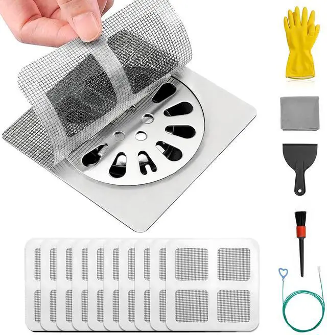 Main image of Hair Drain Catcher Kit 10 Disposable Drain Stickers, Drain Snake Tool, Cleaning Brush, Scraper & Gloves Complete Hair Clog Remover Set for Shower, Bathroom Sink, Bathtub & Kitchen Drain