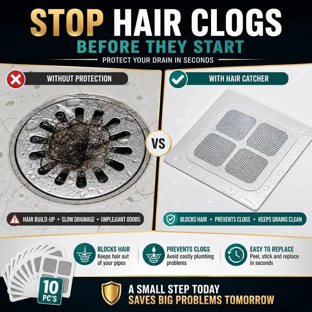 Alt view image 3 of 7 - Hair Drain Catcher Kit 10 Disposable Drain Stickers, Drain Snake Tool, Cleaning Brush, Scraper & Gloves Complete Hair Clog Remover Set for Shower, Bathroom Sink, Bathtub & Kitchen Drain