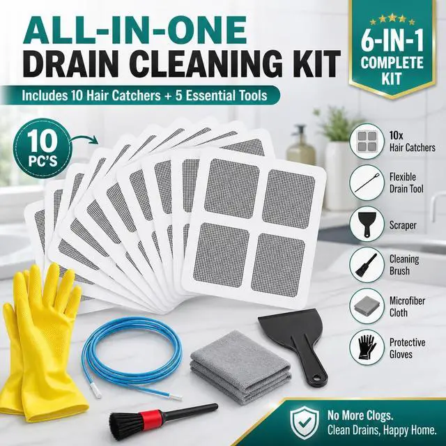 Alt view image 2 of 7 - Hair Drain Catcher Kit 10 Disposable Drain Stickers, Drain Snake Tool, Cleaning Brush, Scraper & Gloves Complete Hair Clog Remover Set for Shower, Bathroom Sink, Bathtub & Kitchen Drain