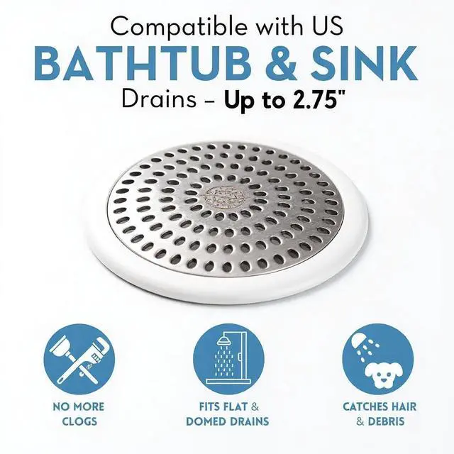 Alt view image 3 of 7 - Drain Hair Catcher & Stopper Combo Tub ShowerRing + StopRing Set for Bathtub & Sink | Stainless Steel Strainer + Silicone Drain Plug | Clog-Free, Universal Fit (White, 2 Pack)
