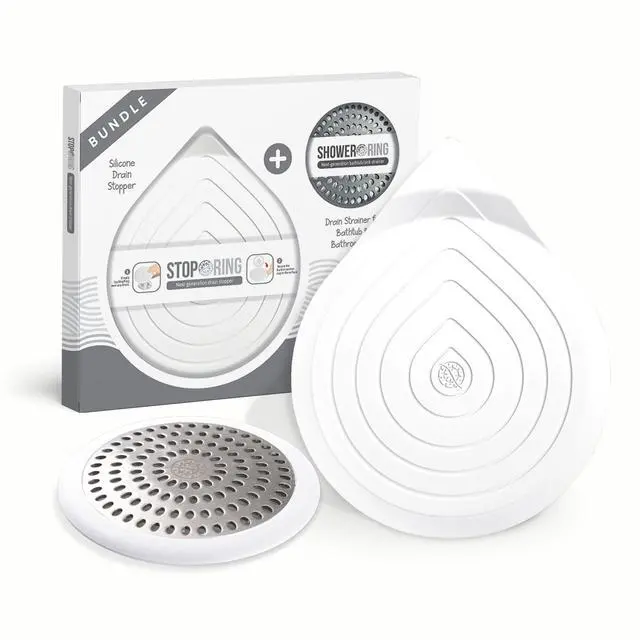 Main image of Drain Hair Catcher & Stopper Combo Tub ShowerRing + StopRing Set for Bathtub & Sink | Stainless Steel Strainer + Silicone Drain Plug | Clog-Free, Universal Fit (White, 2 Pack)