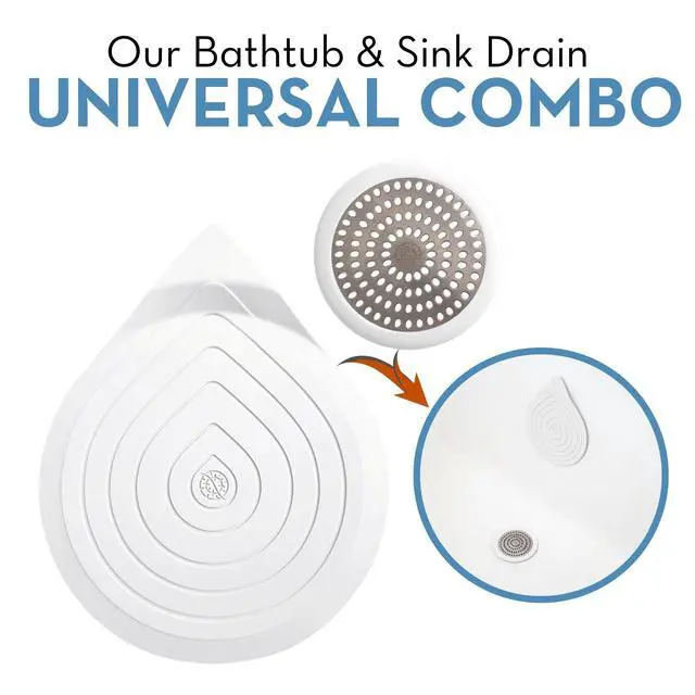 Alt view image 2 of 7 - Drain Hair Catcher & Stopper Combo Tub ShowerRing + StopRing Set for Bathtub & Sink | Stainless Steel Strainer + Silicone Drain Plug | Clog-Free, Universal Fit (White, 2 Pack)