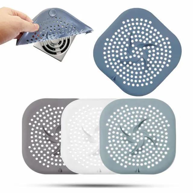 Main image of Drain Cover with Suction Cups, 5.9" Flat Square Strainer for Shower, Bathroom, Sink, 4 Pack