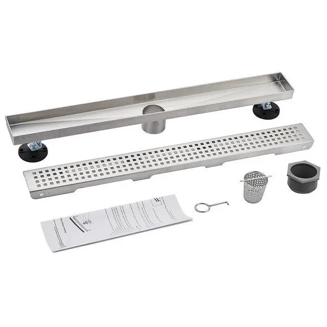 Alt view image 2 of 7 - Linear Shower Floor Drain, Brushed Nickel 24 Inch 304 Stainless Steel Bathroom Drains Kit, Long Rectangular Shower Trench Drain with Square Pattern Drain Cover & Hair Catcher