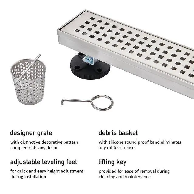 Alt view image 3 of 7 - Linear Shower Floor Drain, Brushed Nickel 24 Inch 304 Stainless Steel Bathroom Drains Kit, Long Rectangular Shower Trench Drain with Square Pattern Drain Cover & Hair Catcher