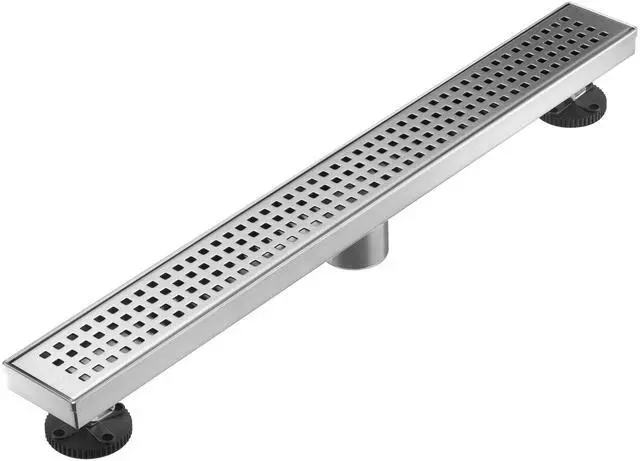Main image of Linear Shower Floor Drain, Brushed Nickel 24 Inch 304 Stainless Steel Bathroom Drains Kit, Long Rectangular Shower Trench Drain with Square Pattern Drain Cover & Hair Catcher