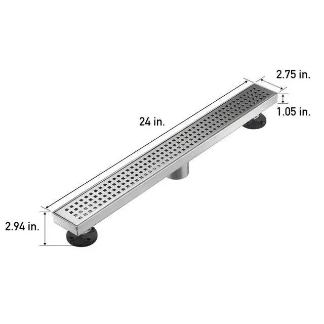 Alt view image 5 of 7 - Linear Shower Floor Drain, Brushed Nickel 24 Inch 304 Stainless Steel Bathroom Drains Kit, Long Rectangular Shower Trench Drain with Square Pattern Drain Cover & Hair Catcher