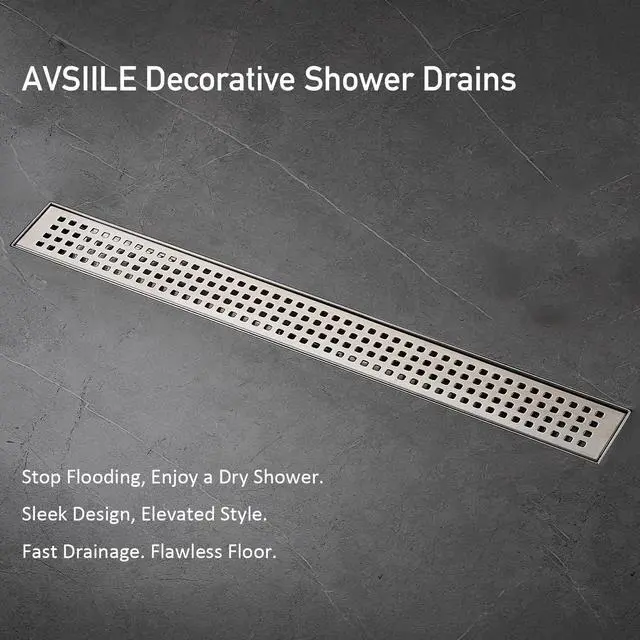 Alt view image 4 of 7 - Linear Shower Floor Drain, Brushed Nickel 24 Inch 304 Stainless Steel Bathroom Drains Kit, Long Rectangular Shower Trench Drain with Square Pattern Drain Cover & Hair Catcher