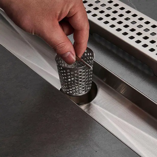 Alt view image 6 of 7 - Linear Shower Floor Drain, Brushed Nickel 24 Inch 304 Stainless Steel Bathroom Drains Kit, Long Rectangular Shower Trench Drain with Square Pattern Drain Cover & Hair Catcher