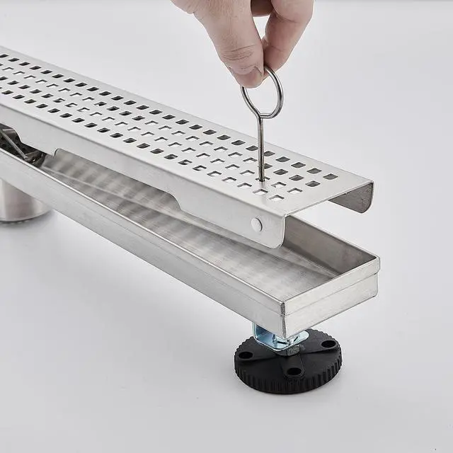 Alt view image 7 of 7 - Linear Shower Floor Drain, Brushed Nickel 24 Inch 304 Stainless Steel Bathroom Drains Kit, Long Rectangular Shower Trench Drain with Square Pattern Drain Cover & Hair Catcher