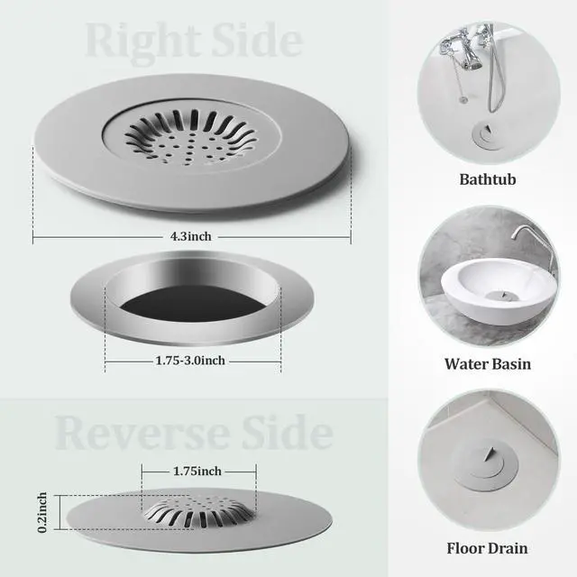 Alt view image 2 of 7 - Bathtub Stopper,3pcs 2-in-1 Bathtub Drain Hair Catcher,Silicone Kitchen Bathroom Shower Water Strainer Protectors,Universal Flat Suction Shower Drain Cover,Washbasin Drain Stopper (Black)