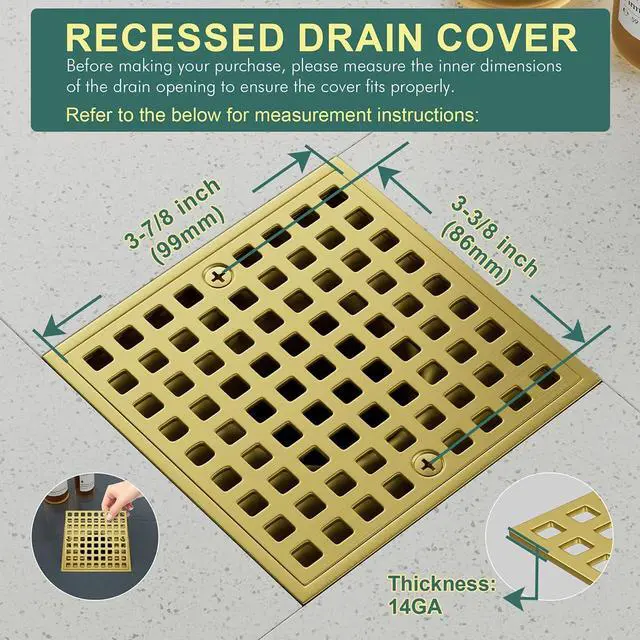 Alt view image 3 of 7 - 3-7/8" Brushed Gold Shower Drain Cover - Square Floor Drain Cover Replacement - Hair Catcher/Drain Strainer for Bathrooms, Showers, and Sinks - SUS304 Stainless Steel