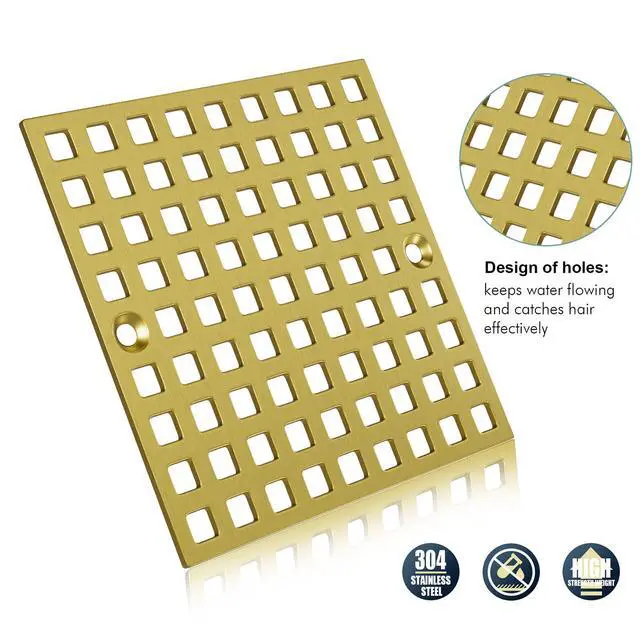 Alt view image 4 of 7 - 3-7/8" Brushed Gold Shower Drain Cover - Square Floor Drain Cover Replacement - Hair Catcher/Drain Strainer for Bathrooms, Showers, and Sinks - SUS304 Stainless Steel