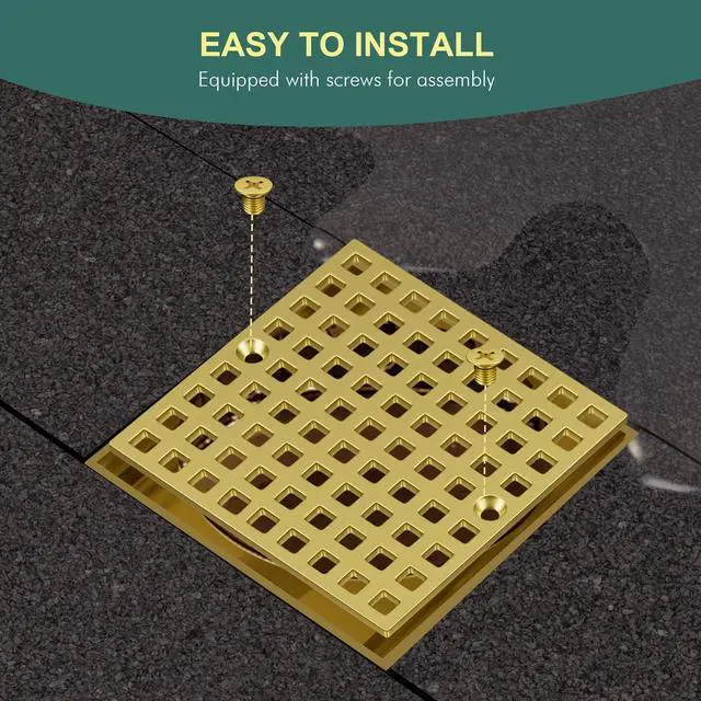 Alt view image 5 of 7 - 3-7/8" Brushed Gold Shower Drain Cover - Square Floor Drain Cover Replacement - Hair Catcher/Drain Strainer for Bathrooms, Showers, and Sinks - SUS304 Stainless Steel