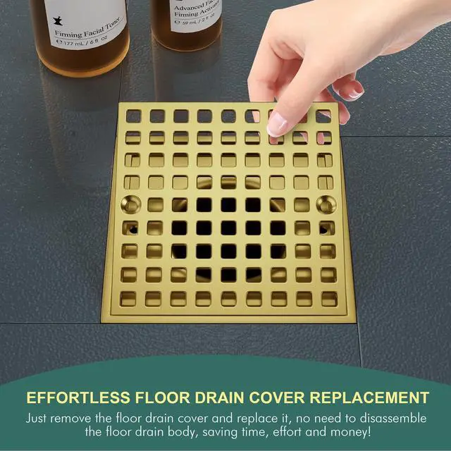 Alt view image 6 of 7 - 3-7/8" Brushed Gold Shower Drain Cover - Square Floor Drain Cover Replacement - Hair Catcher/Drain Strainer for Bathrooms, Showers, and Sinks - SUS304 Stainless Steel