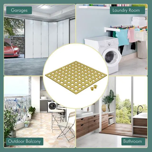 Alt view image 7 of 7 - 3-7/8" Brushed Gold Shower Drain Cover - Square Floor Drain Cover Replacement - Hair Catcher/Drain Strainer for Bathrooms, Showers, and Sinks - SUS304 Stainless Steel
