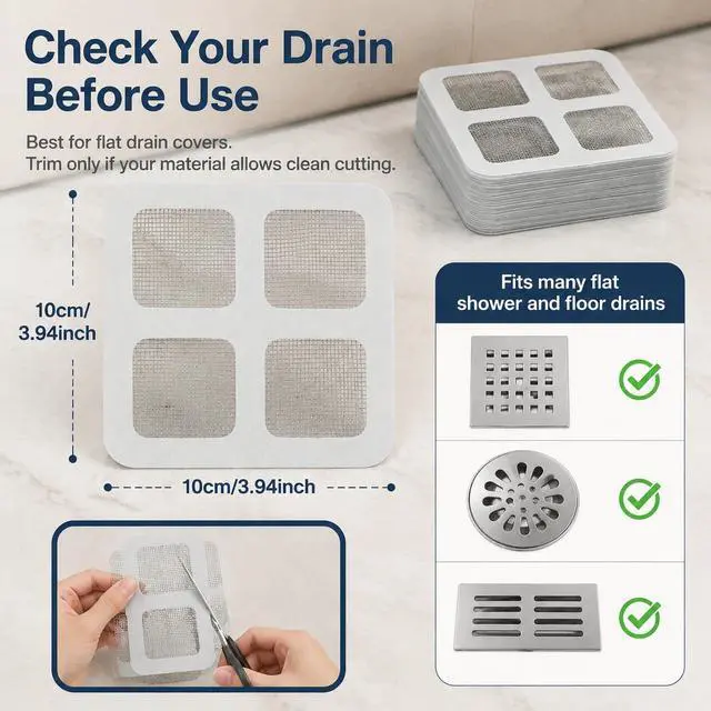 Alt view image 3 of 7 - 30 PCS Shower Drain Hair Catcher Stickers, Disposable Mesh for Flat Drains