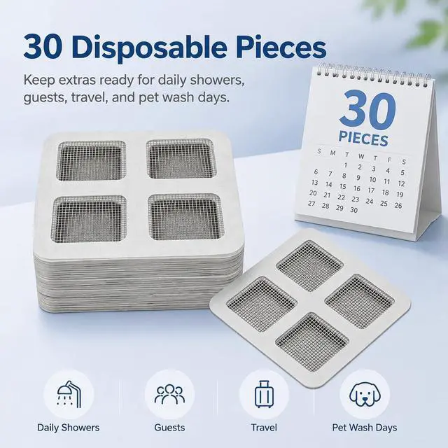 Alt view image 7 of 7 - 30 PCS Shower Drain Hair Catcher Stickers, Disposable Mesh for Flat Drains