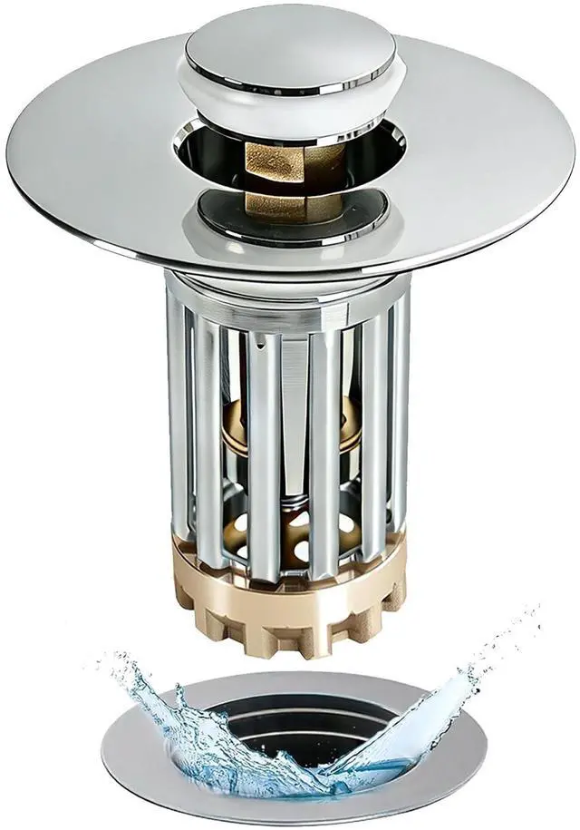 Main image of Bathroom Sink Drain Strainer, 3 in 1 Pop Up Bathroom Sink Stopper with Removable Brass Basket Hair Catcher, Universal Sink Plug for 1.06 to 1.6in Drain Hole, Chrome Silver