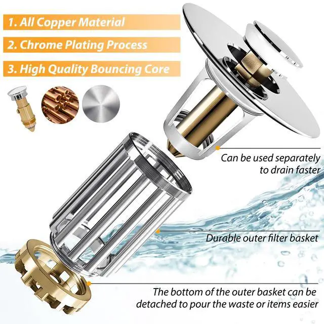 Alt view image 2 of 6 - Bathroom Sink Drain Strainer, 3 in 1 Pop Up Bathroom Sink Stopper with Removable Brass Basket Hair Catcher, Universal Sink Plug for 1.06 to 1.6in Drain Hole, Chrome Silver
