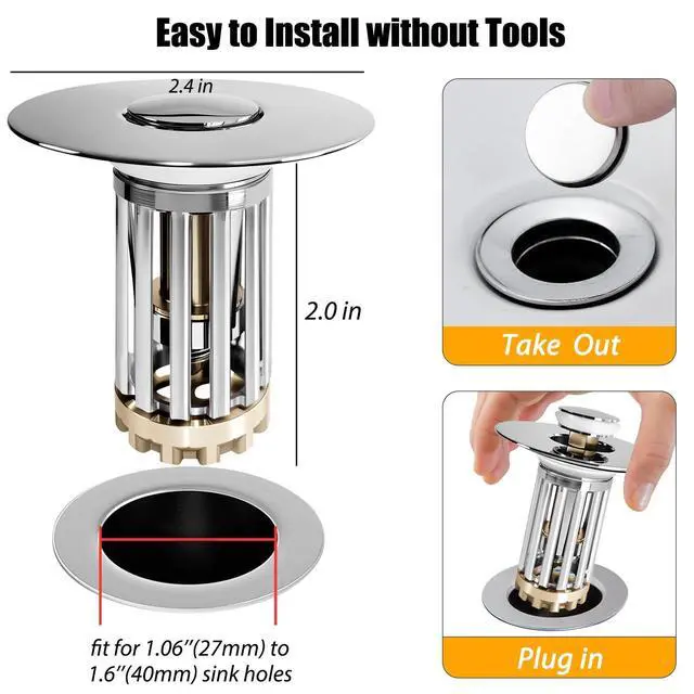 Alt view image 4 of 6 - Bathroom Sink Drain Strainer, 3 in 1 Pop Up Bathroom Sink Stopper with Removable Brass Basket Hair Catcher, Universal Sink Plug for 1.06 to 1.6in Drain Hole, Chrome Silver