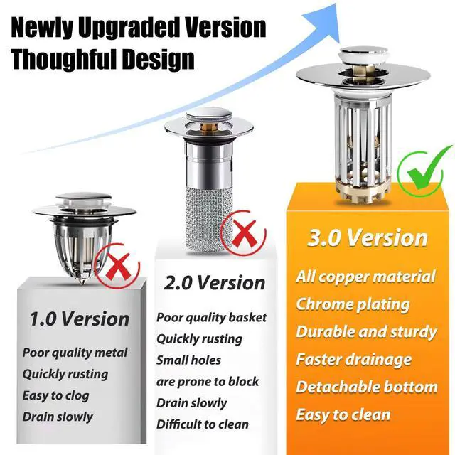 Alt view image 3 of 6 - Bathroom Sink Drain Strainer, 3 in 1 Pop Up Bathroom Sink Stopper with Removable Brass Basket Hair Catcher, Universal Sink Plug for 1.06 to 1.6in Drain Hole, Chrome Silver
