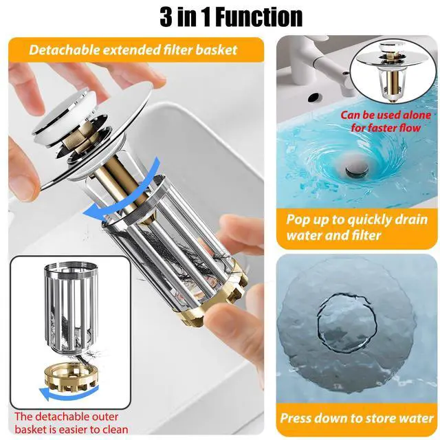 Alt view image 5 of 6 - Bathroom Sink Drain Strainer, 3 in 1 Pop Up Bathroom Sink Stopper with Removable Brass Basket Hair Catcher, Universal Sink Plug for 1.06 to 1.6in Drain Hole, Chrome Silver